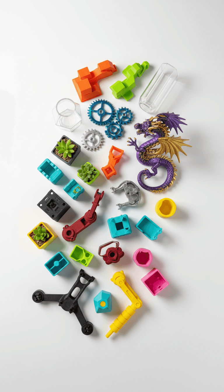 Collection of diverse finished 3D-printed objects from completed projects
