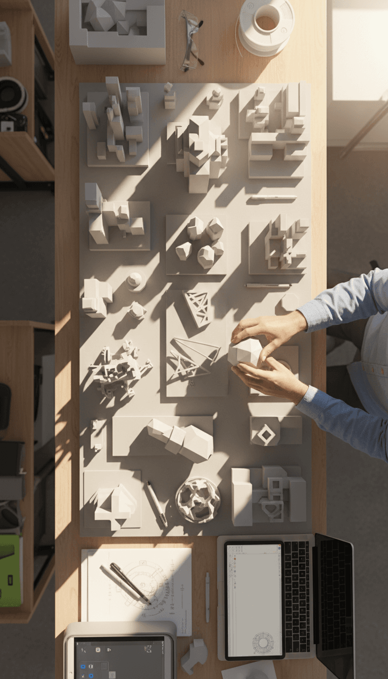 3D-printed designs arranged on work desk