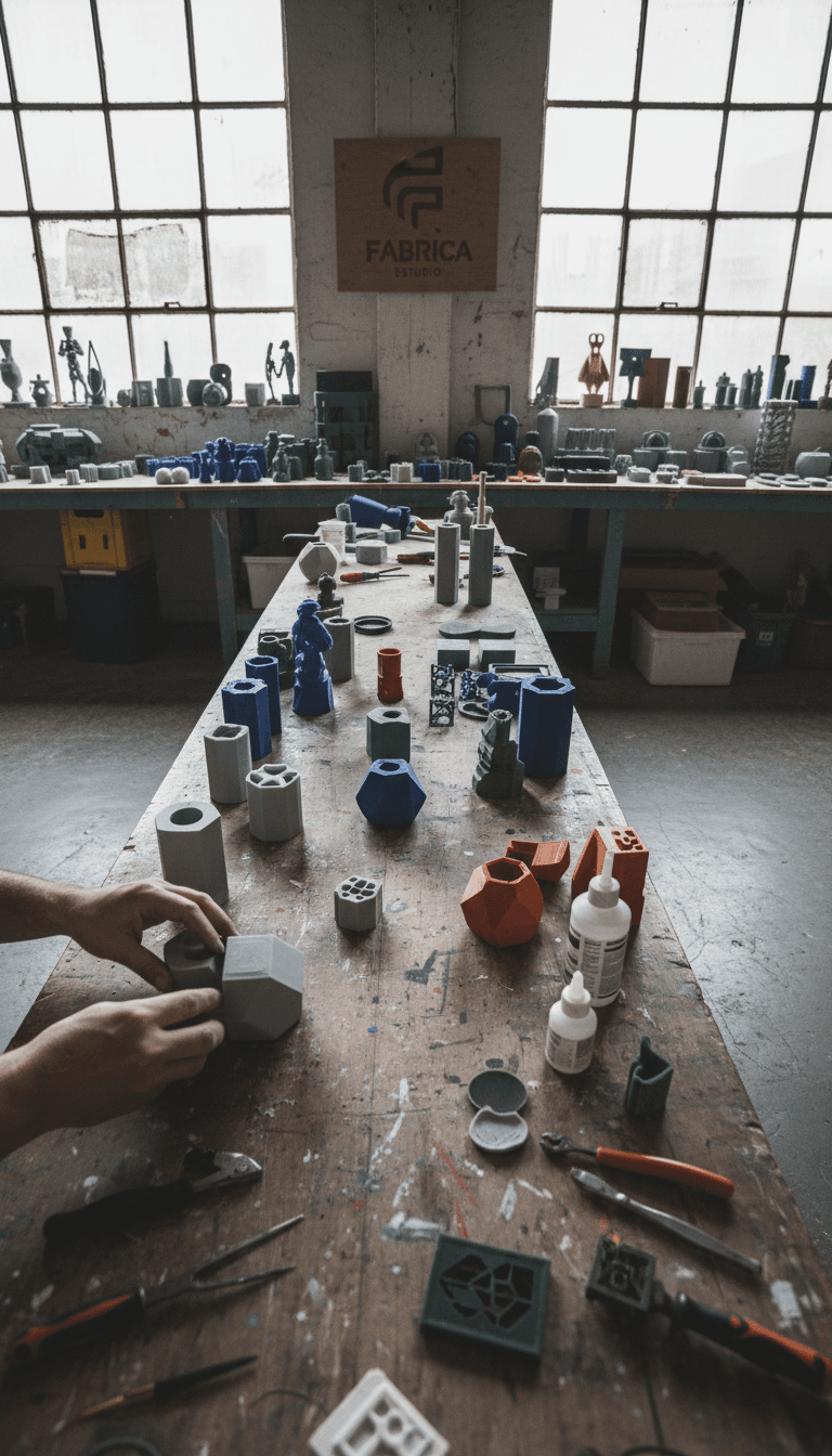 Post-production finishing workspace with multiple 3D-printed objects