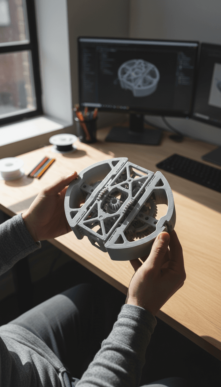 Finished 3D-printed mechanical prototype held for inspection