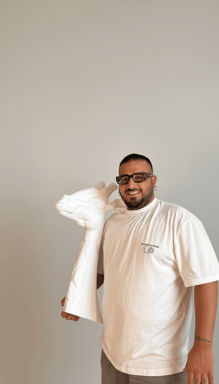 Smiling man in glasses with a large white giraffe head sculpture on his shoulder.
