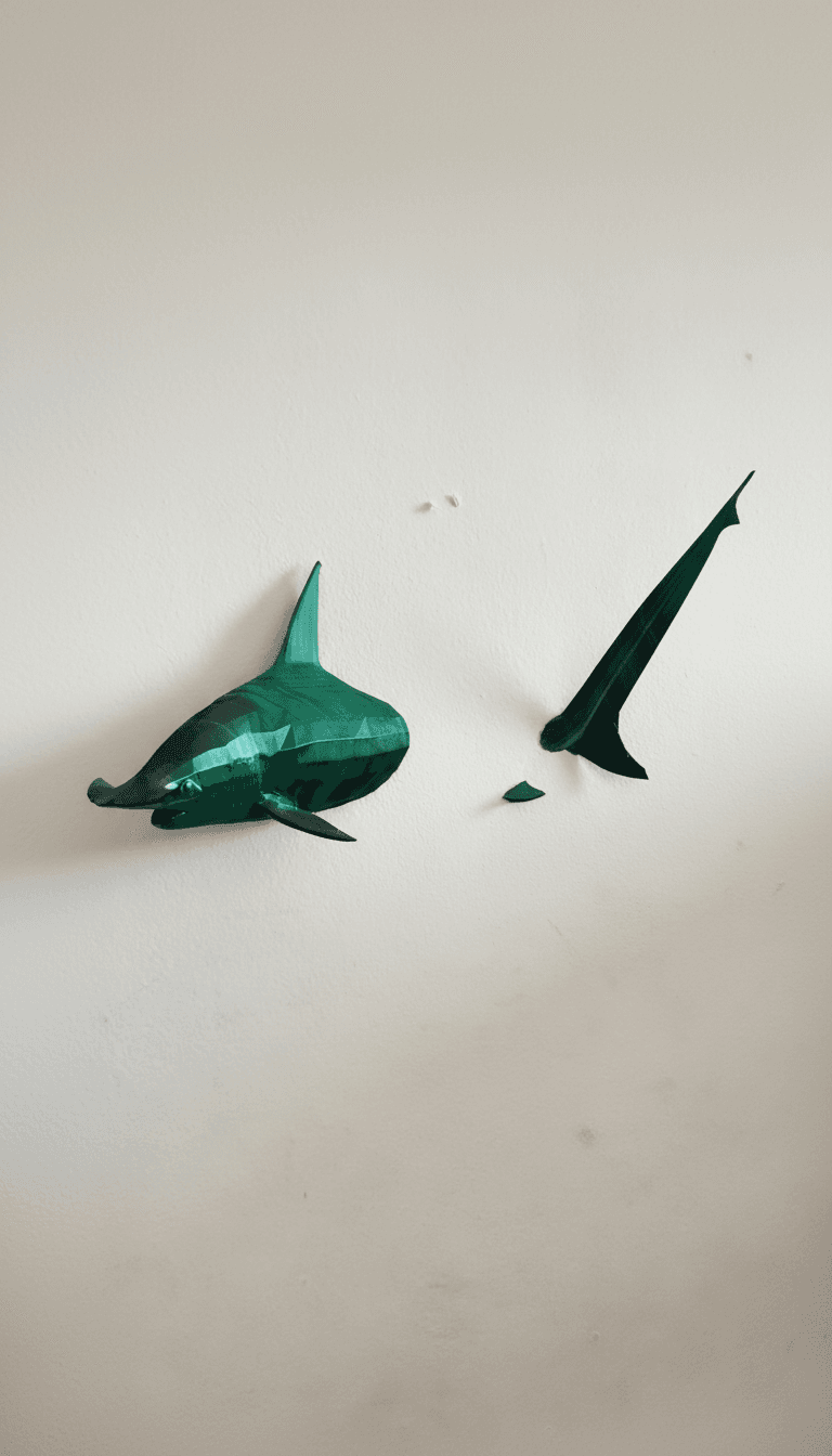Faceted green shark sculpture, body and tail separated, displayed on a white wall.
